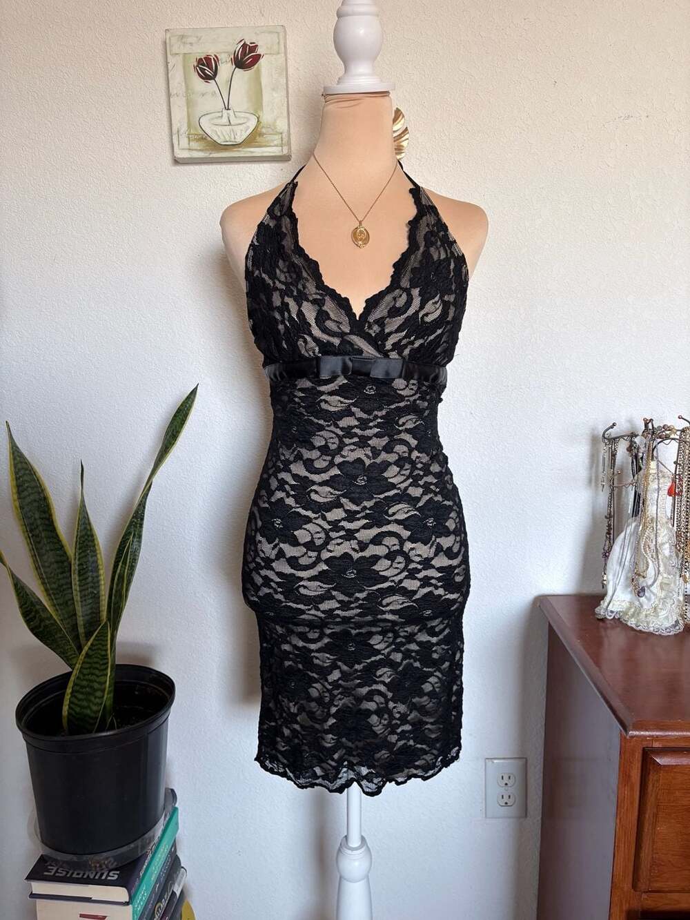 Y2K 90s Roxy Black Gothic Lace Halter Neck Midi Dress with Satin Bow Detail